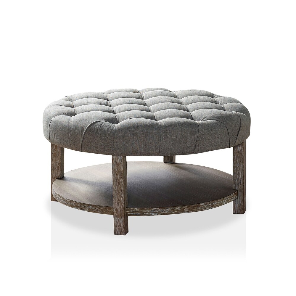 Harissa Farmhouse Round Fabric Storage Tufted Cocktail Ottoman by Furniture of America