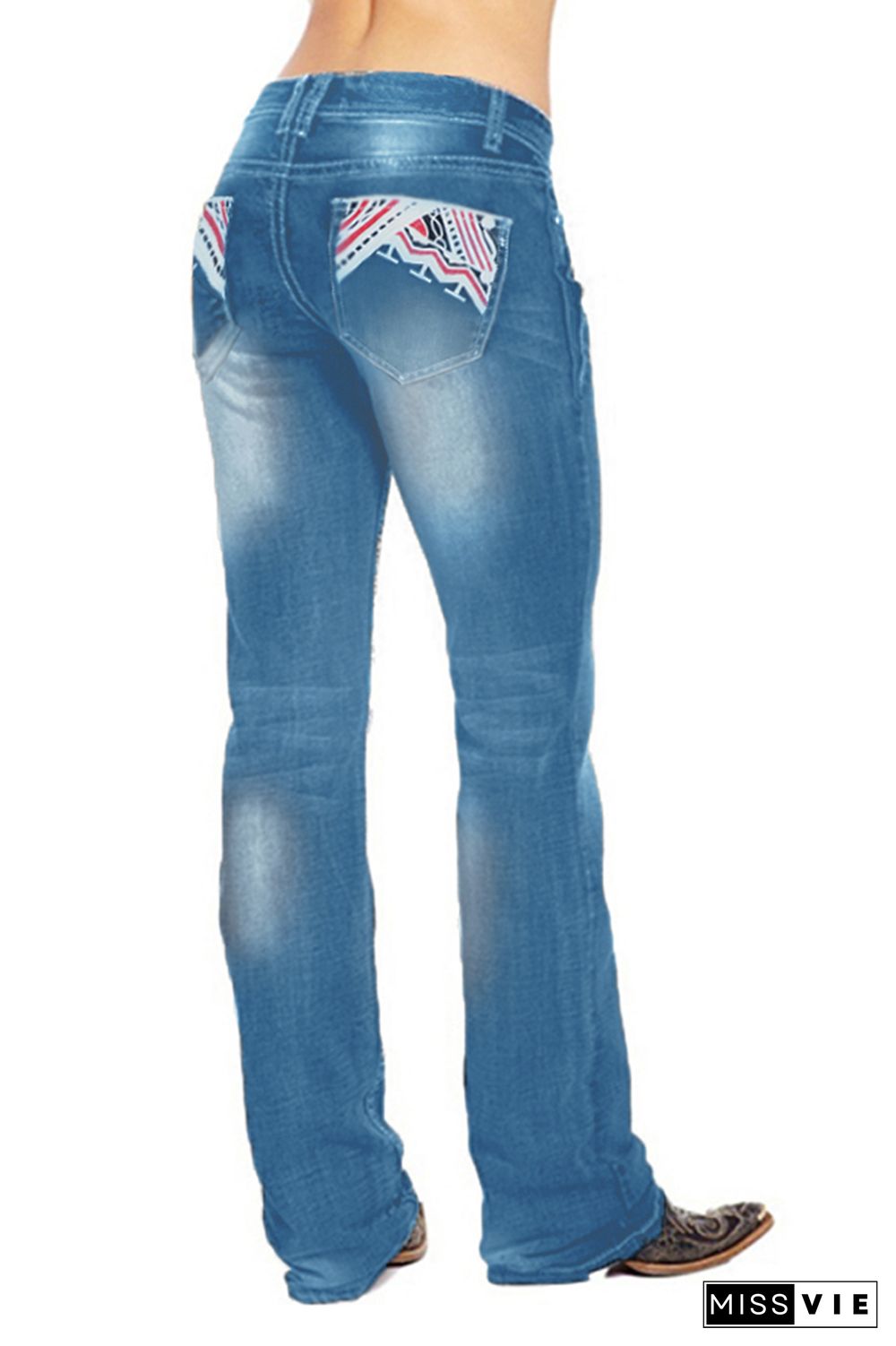 Cowboy Print Straight Wash Jeans Pants