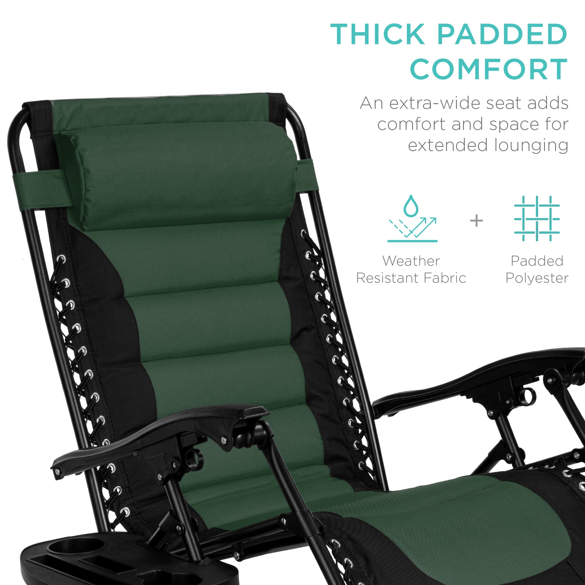 Best Choice Products Oversized Padded Zero Gravity Chair, Folding Outdoor Patio Recliner w/ Side Tray - Forest Green