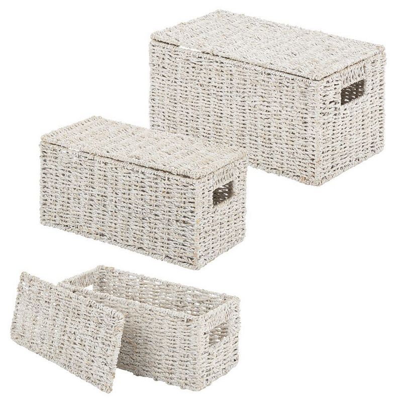 mDesign Woven Seagrass Home Storage Basket with Lid， Set of 3