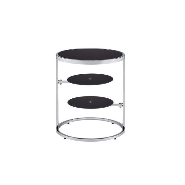 Round Side Table 2 Swiel Tier Shelf Open Frame Tempered Glass Side Table， Black and Chrome Finish