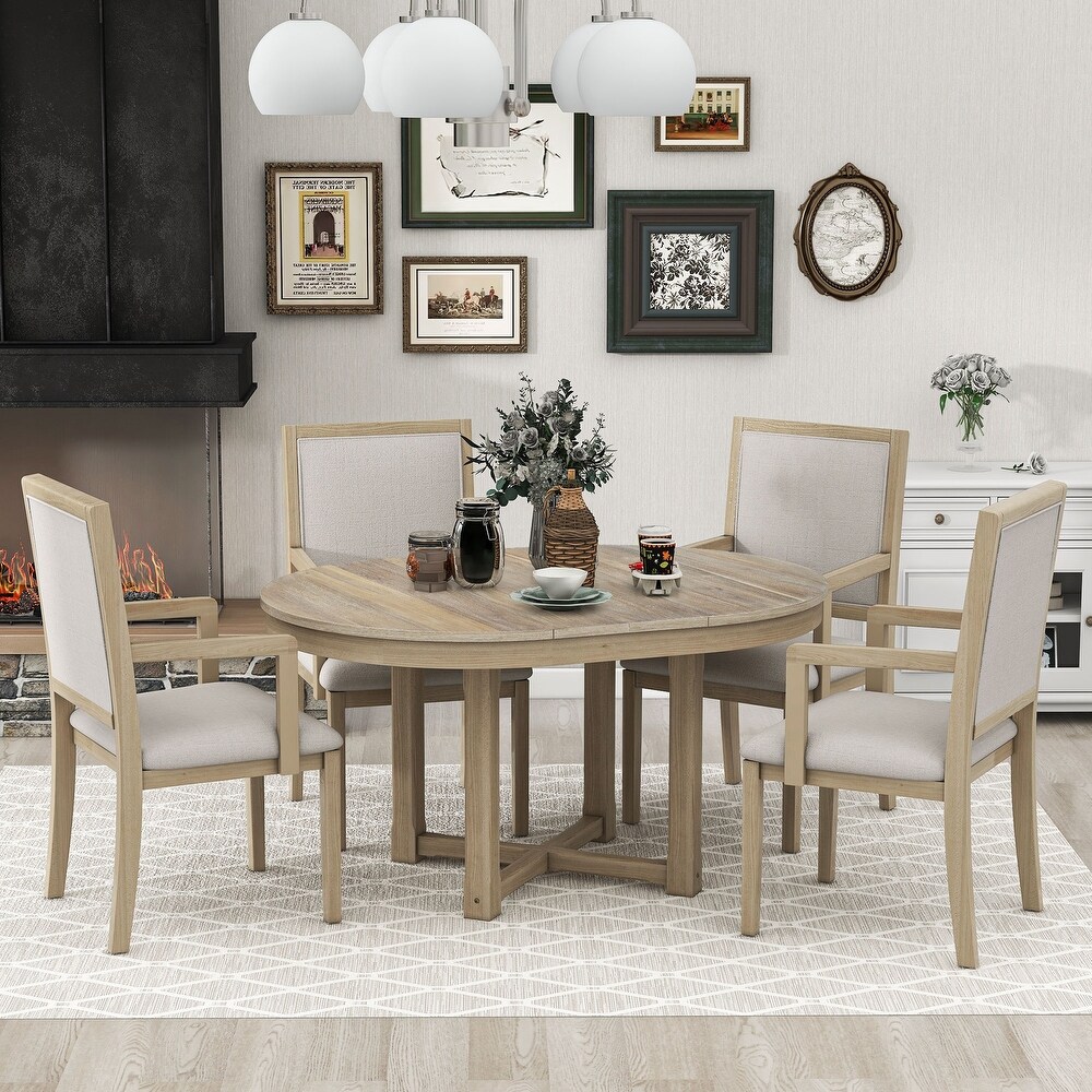 5 Piece Wood Dining Set  Round Extendable Dining Table with Butterfly Leaf  4 Upholstered Dining Chairs with Armrests