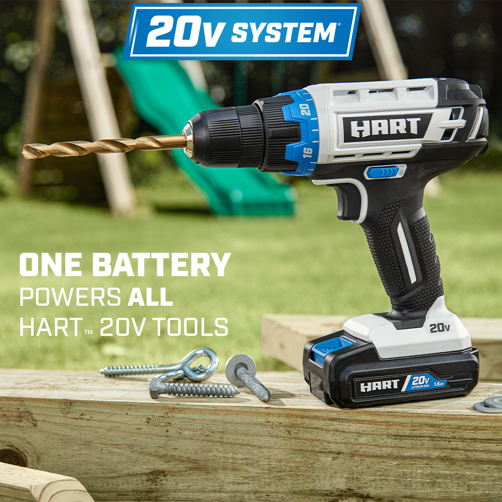 HART 20-Volt Cordless 4-Tool Combo Kit with 200-Piece Accessory Kit and 16-inch Storage Bag， (2) 20-Volt 1.5Ah Lithium-Ion Battery