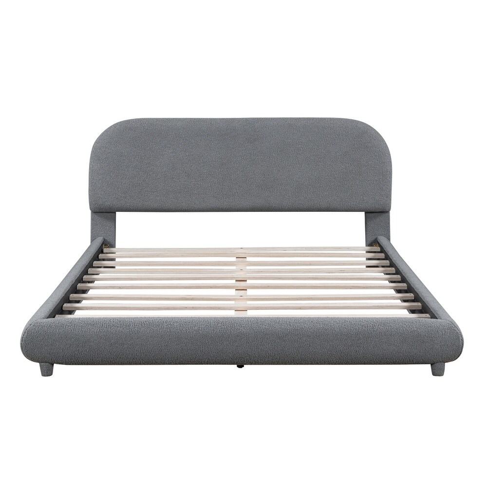 Teddy Fleece Full/Queen Size Upholstered Platform Bed with Thick Fabric  Solid Frame and Stylish Curve shaped Design