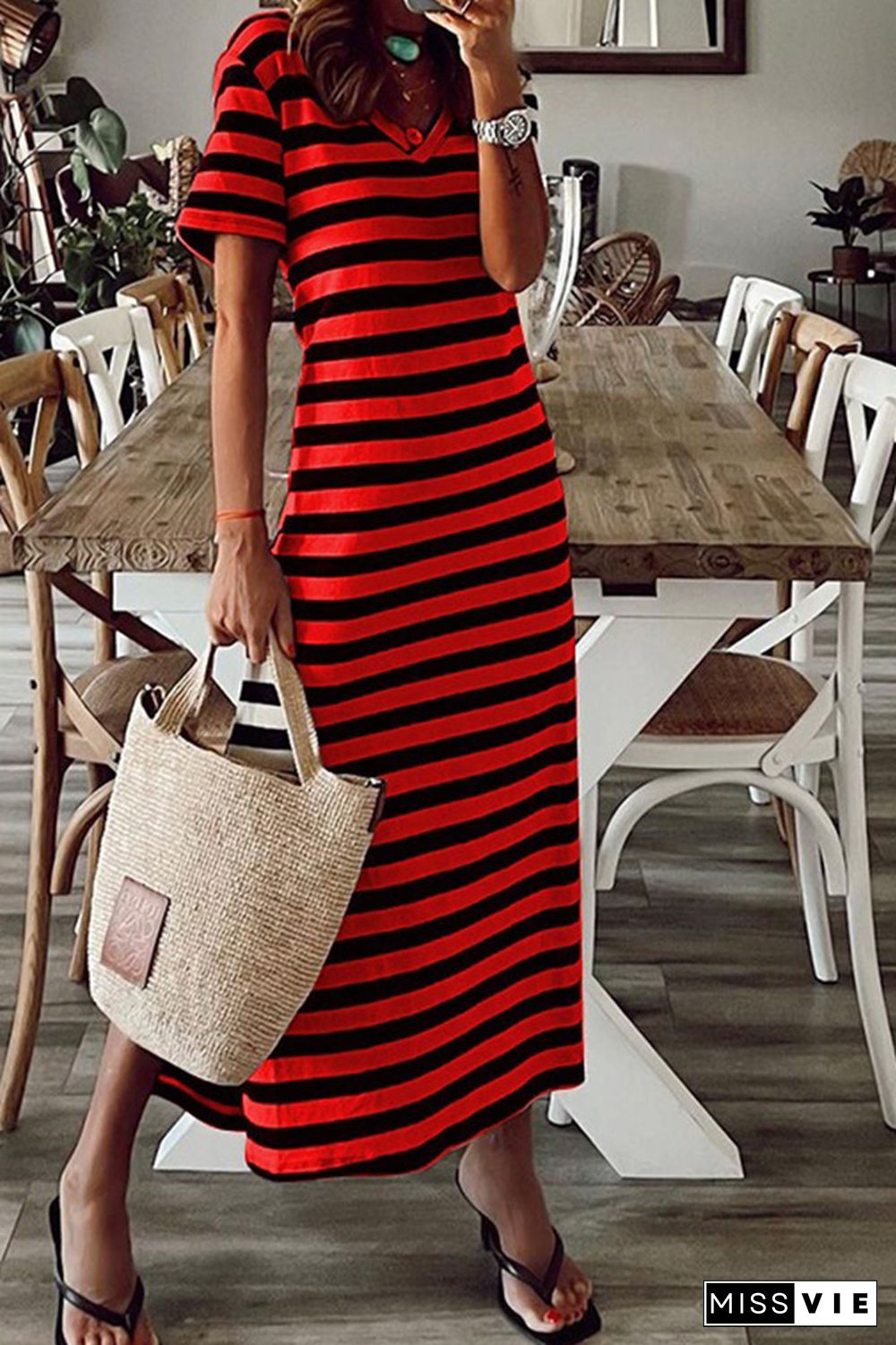 V Neck Split Stripes Dress