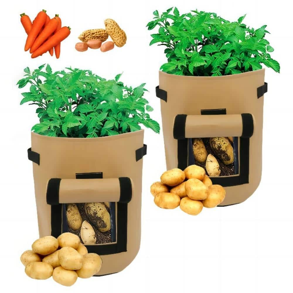 Cubilan 5 Gal. Brown Non Woven Potato Grow Bags， Potato Potting Bags With Handle And Flap Lid (4-Pieces) 603833293