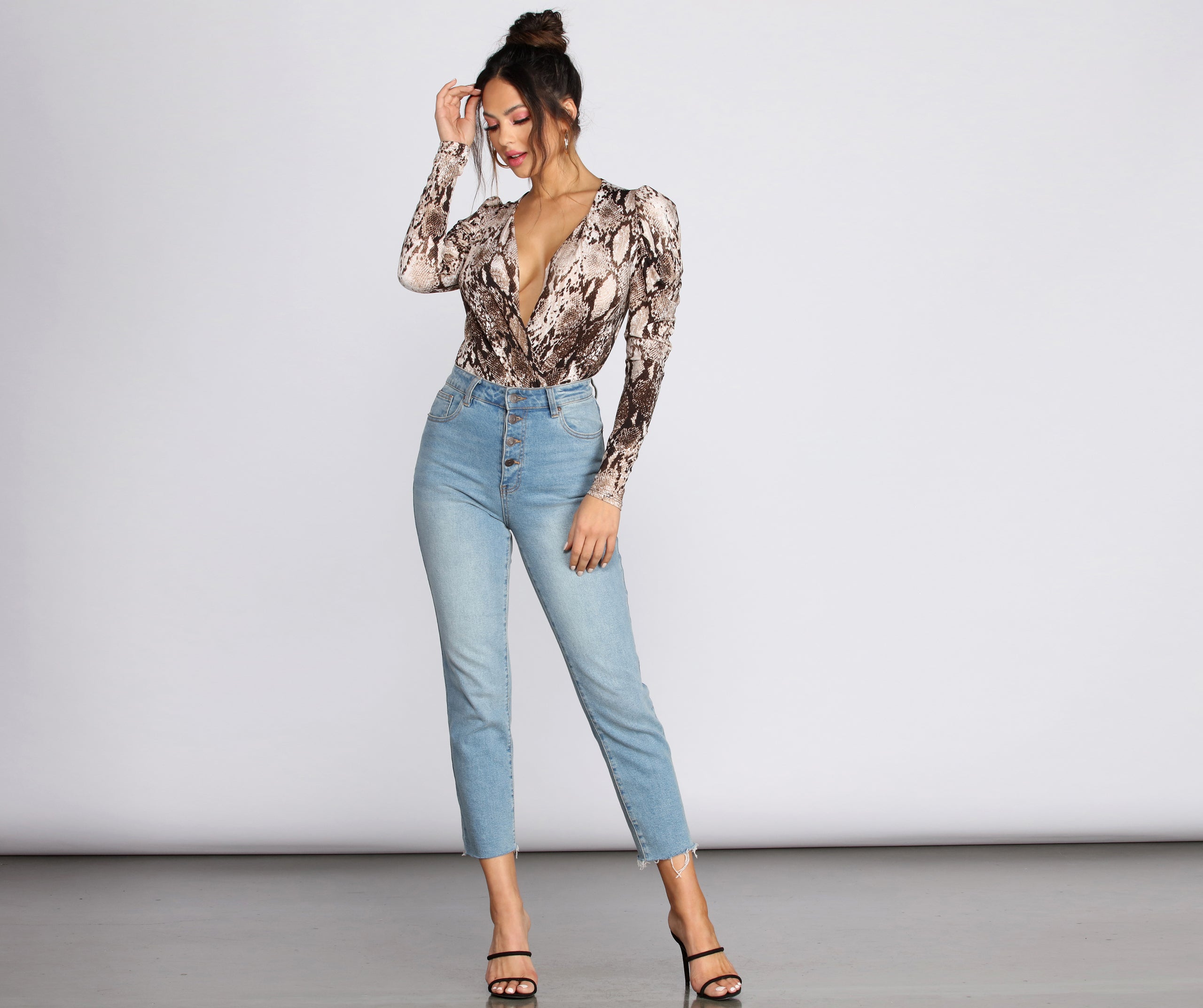 Puff Sleeve Snake Print Bodysuit