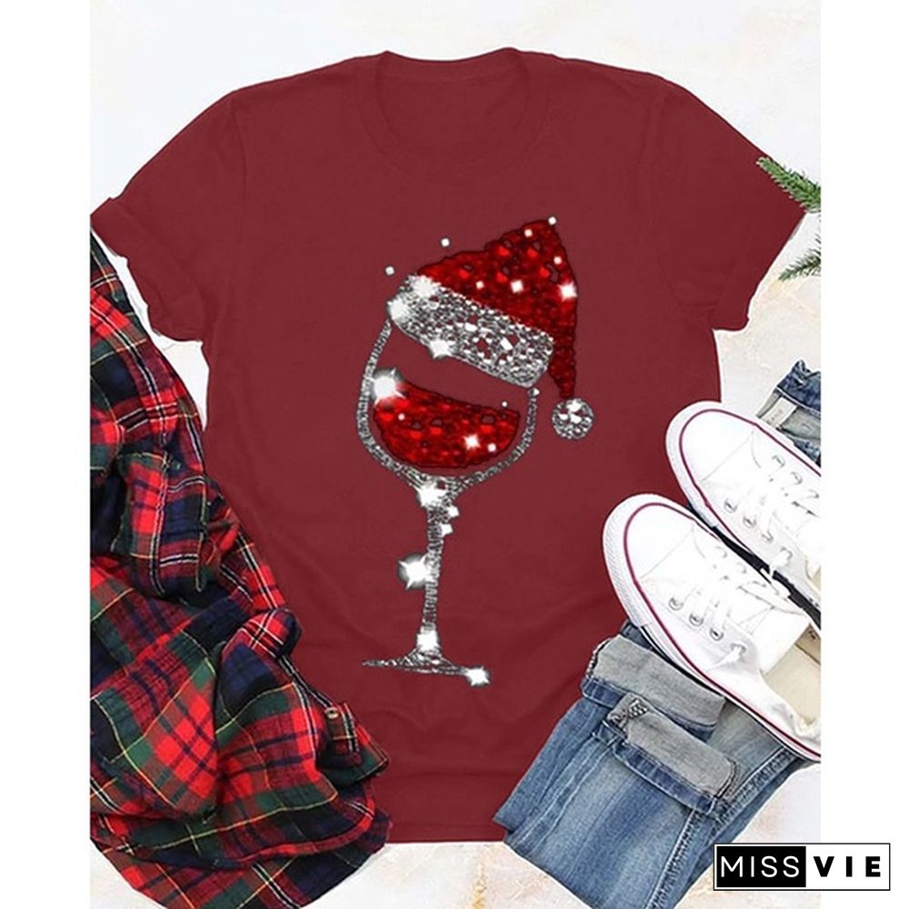 Merry Christmas New Women Fashion Casual Christmas Hat Print Short Sleeves Tee Shirts Graphic Holiday Celebration Top Plus Size