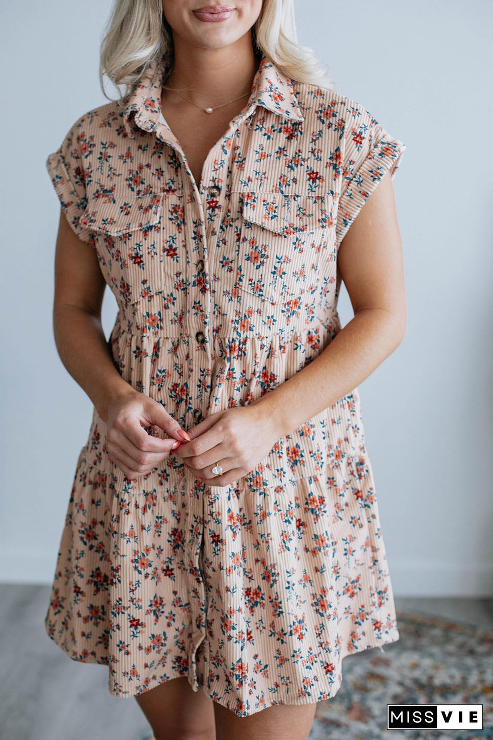 Pink Short Sleeve Flap Pockets Shirt Floral Dress