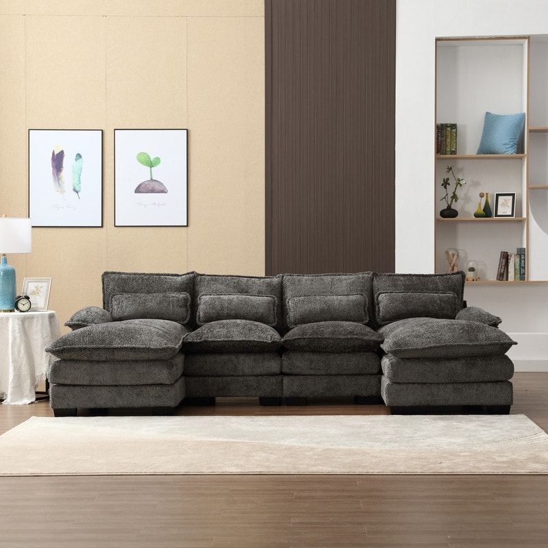 Large U Shape Modular Sectional Sofa with Ottomans  Reversible Sofa Couch with Pillow Top Arms and 4 Lumbar Support Pillows