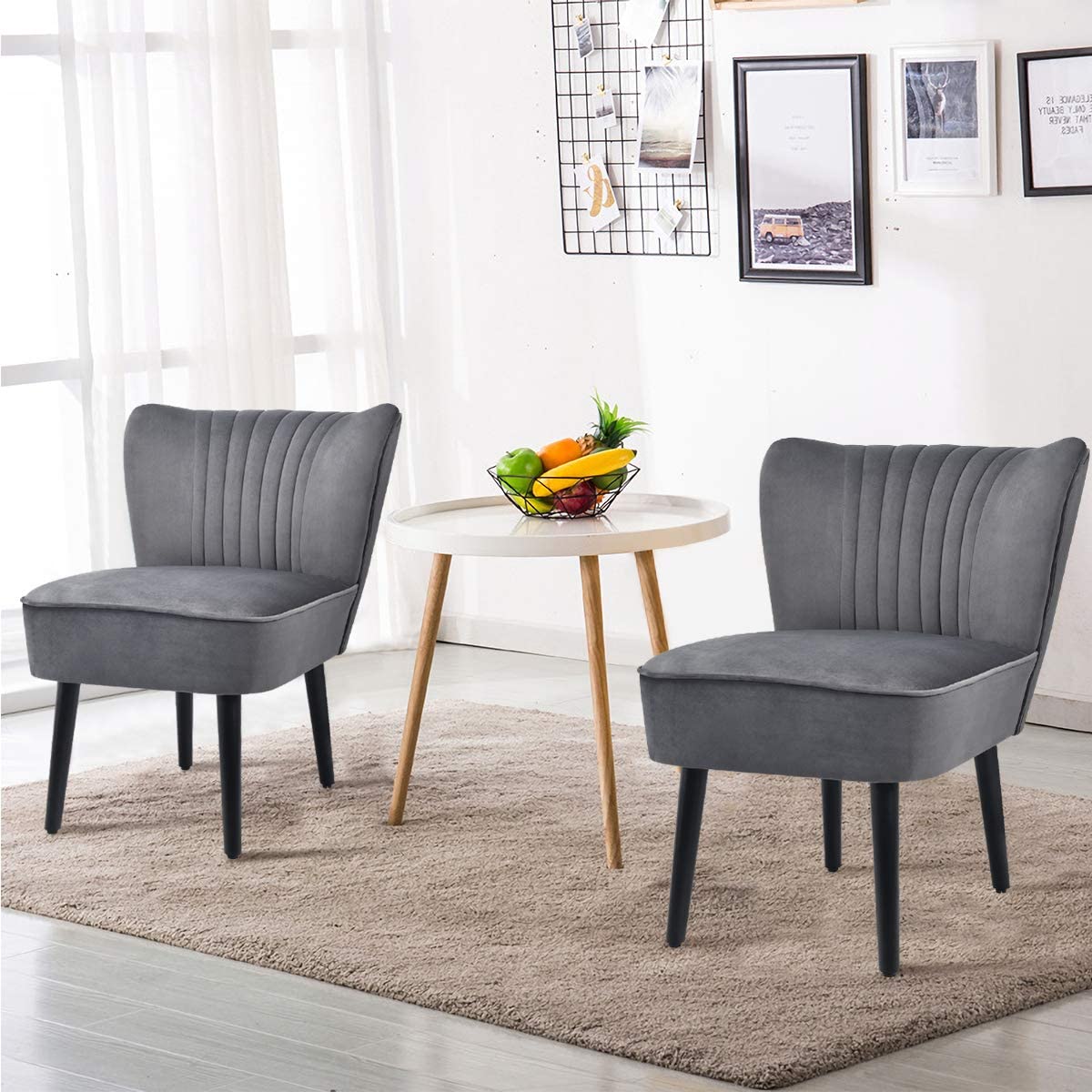 Set of 2 Velvet Accent Chair, Upholstered Modern Leisure Club Chairs w/ Solid Wood Legs