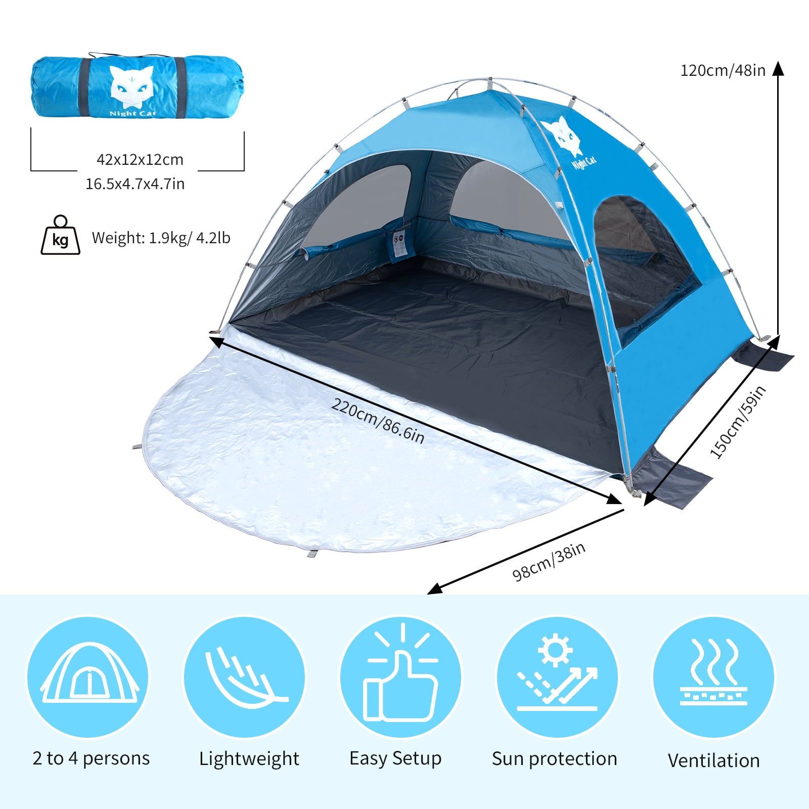 Night Cat Beach Tent Portable Camping Sun Shade Shelter for 2-3 Persons with UV Protection 3 Breathable Mesh Windows Extended Tent Floor Easy Set Up Outdoor Blue