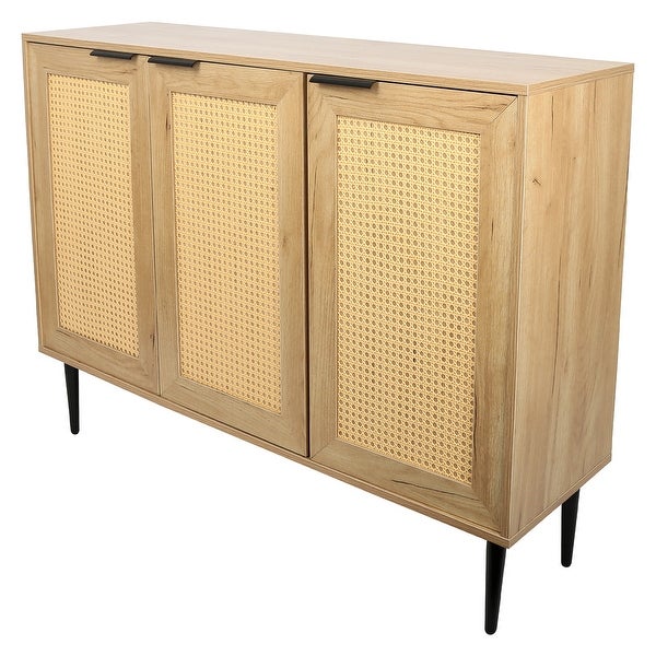 Wooden Kitchen Storage Cabinet with 3 Rattan Doors and Metal Legs