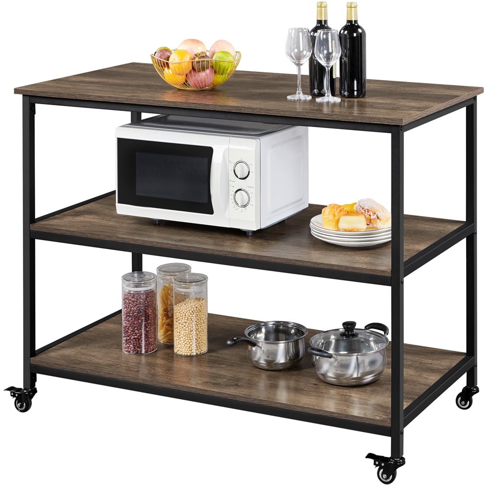 Alden Design Rolling Kitchen Cart with 3 Shelves， Taupe Wood