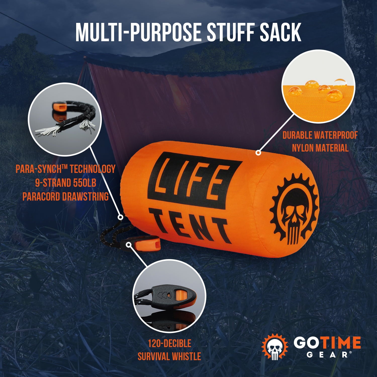 Go Time Gear | Life Tent Emergency Survival Shelter - 2 Person Tube Tent | Waterproof， Windproof， Thermal | Includes Survival Whistle， Paracord Rope and Portable， Lightweight Nylon Stuff Sack | Orange