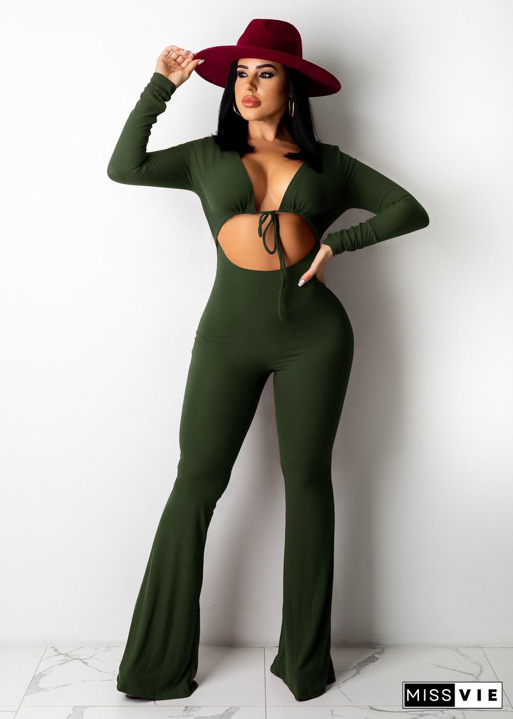 Ribbed Cut Out Lace Up Skinny One Piece Jumpsuit