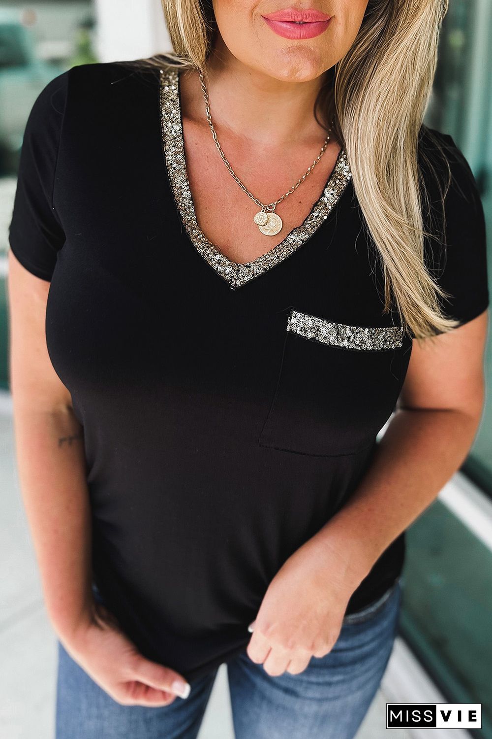 Black Sequin Trim V Neck Chest Pocket Plus Size Tee