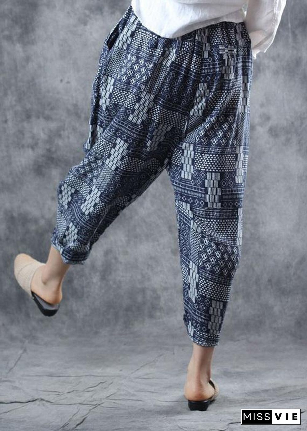 fall new blue prints women pants linen blended elastic waist harem pants