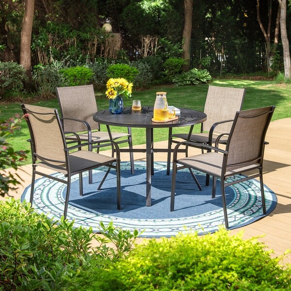 MAISON ARTS 5Piece Patio Dining Set，Geometrically Stamped Round Table and 4 Textilene Dining Chairs