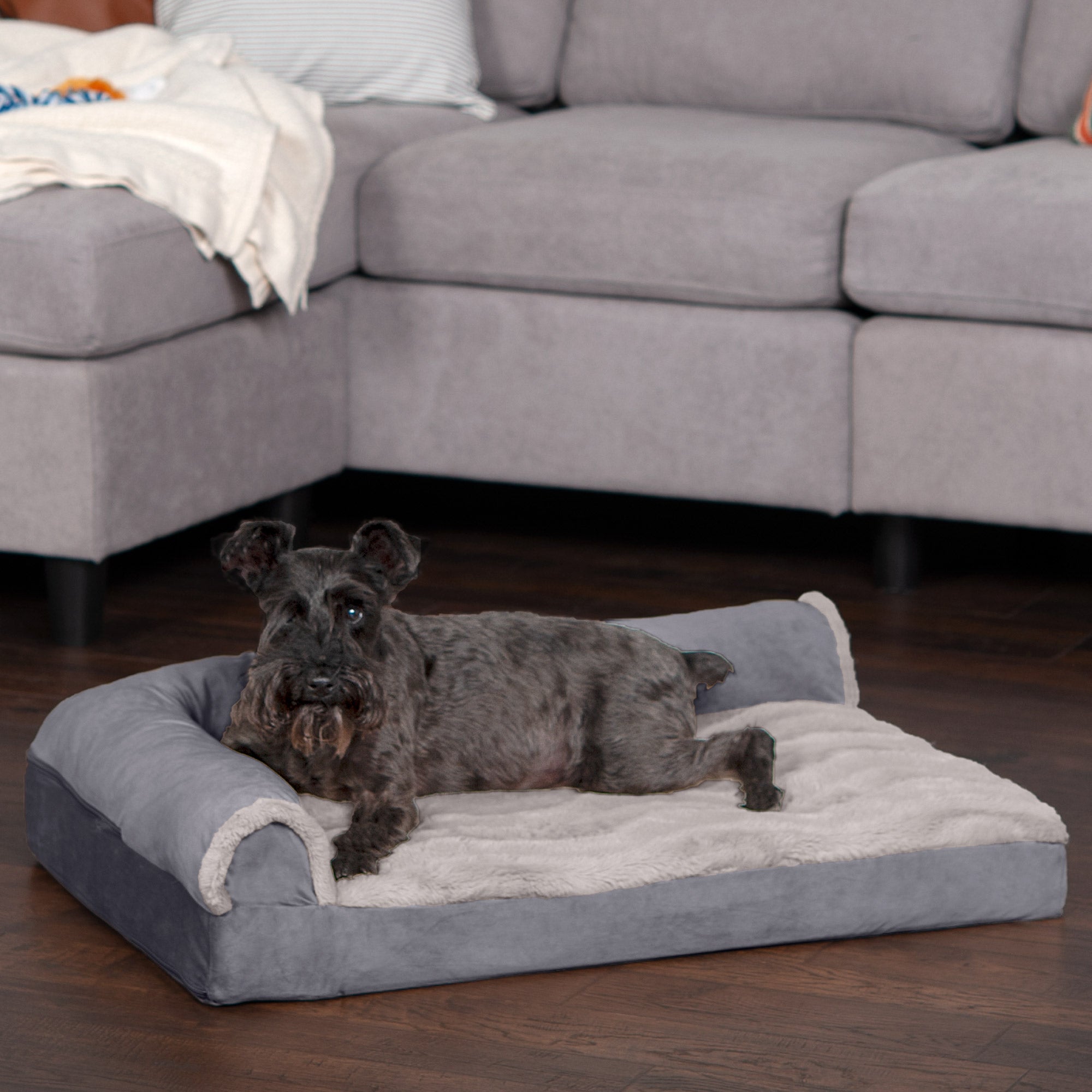 FurHaven | Deluxe Orthopedic Wave Fur & Velvet L-Chaise Lounge Pet Bed for Dogs & Cats, Granite Gray, Medium