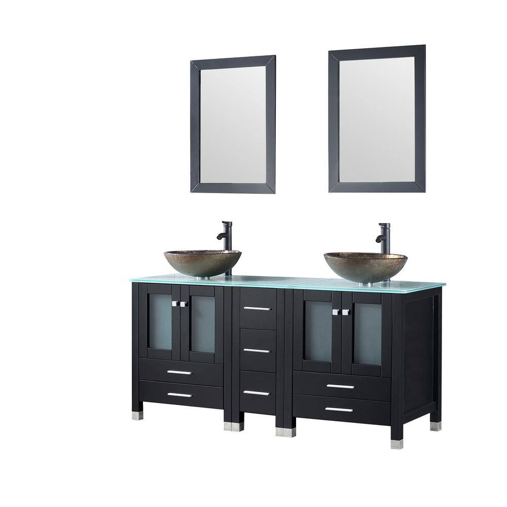 walsport 60 in. W x 21.5 in. D x 61 in. H Double Sinks Bath Vanity in Black with Glass Top and Mirror 2*USBR4181+USBR4182+2*USBR1001