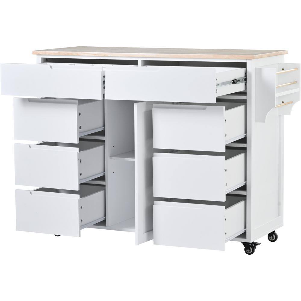 White Rubber Wood Countertop 53.1 in. W Kitchen Island on 5-Wheels with 8-Handle-Free Drawers and Flatware Organizer EC-SK000002AAW