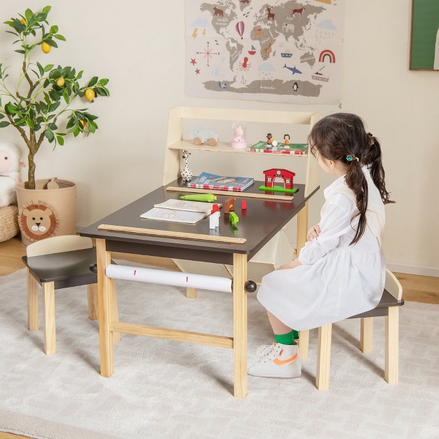 Costway Kids Art Table amp Chairs Set Wooden Drawing Desk With Paper Roll Storage Shelf Bins