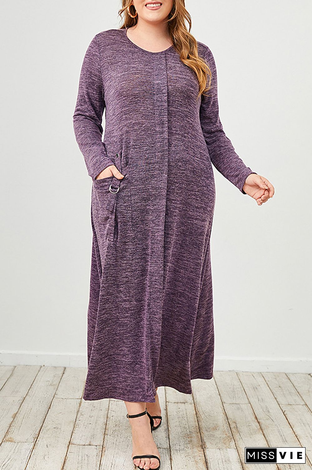 Plus Size Solid Purple Long Sleeve Elegant Dress Wholesale