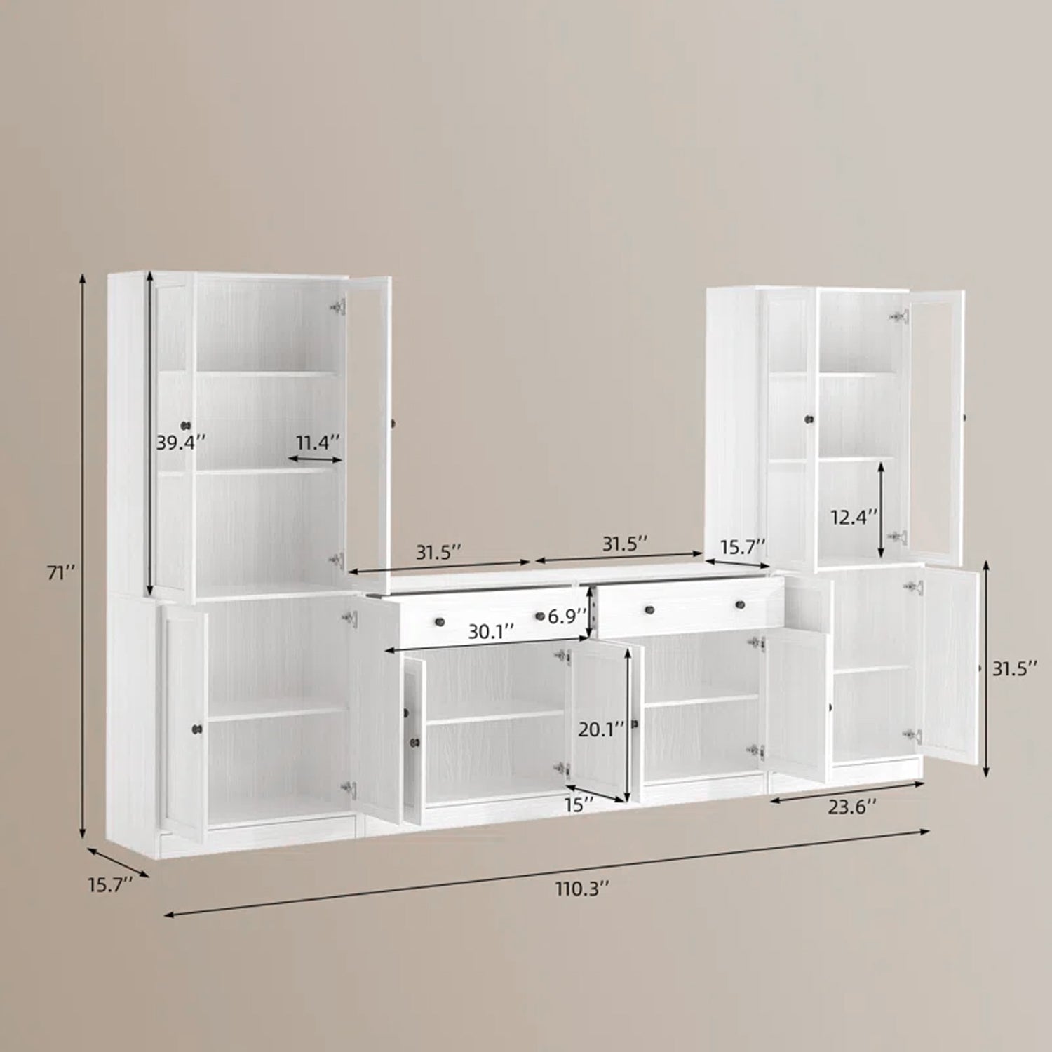 Combination Kitchen Pantry with Bookshelves 4-piece Set (2B+2C)