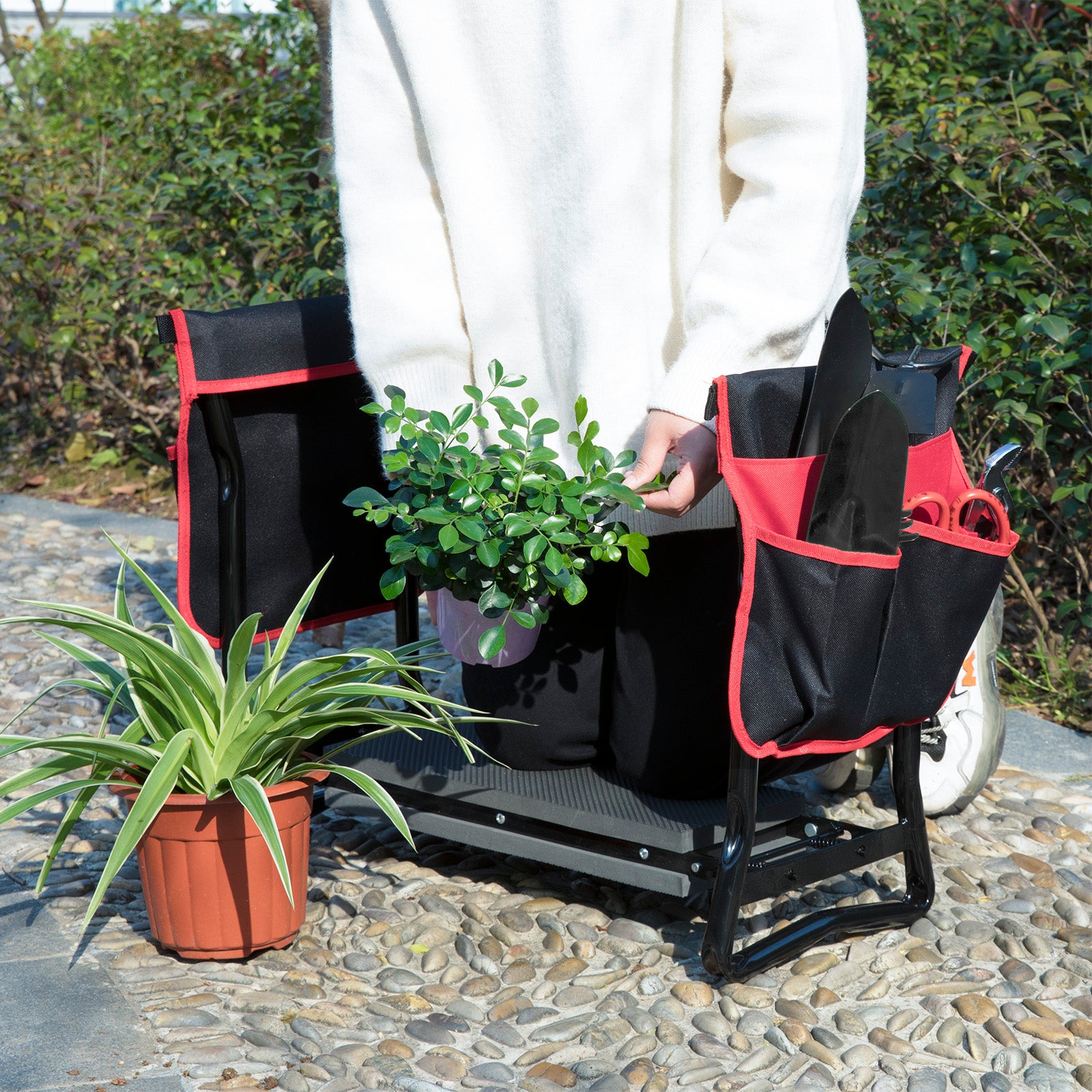 Artist Hand Black Deep Seat Garden Kneeler and Seat Folding Bench Stool w/ 2 Tool Pouche, Kneeling Pad Cushion, Detachable Belt