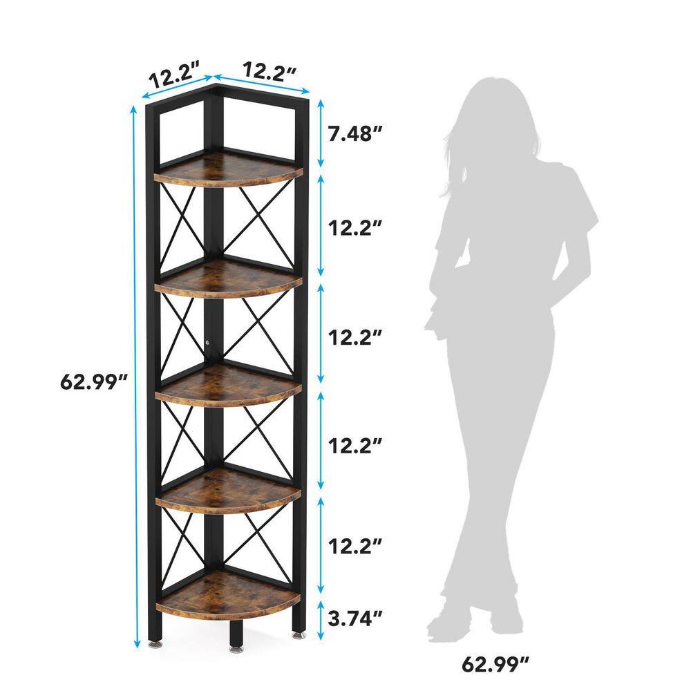 TRIBESIGNS WAY TO ORIGIN Halsey 63 in. Rustic Brown Wood and Black Metal Frame 5-Shelf Radial Corner Shelf Bookcase Storage Rack Plant Stand HD-SFC0200