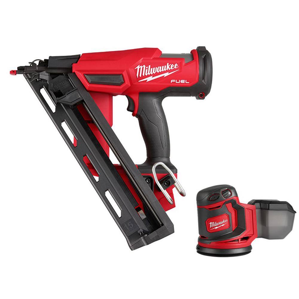 MW M18 FUEL 18-Volt Lithium-Ion Brushless Cordless Gen II 15-Gauge Angled Nailer with Random Orbit Sander 2839-20-2648-20