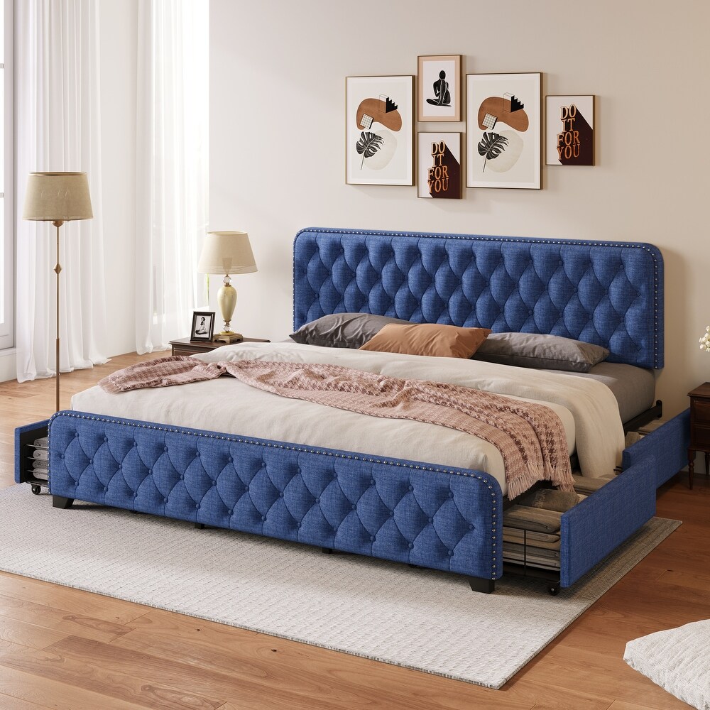 Upholstered Platform Bed Frame with Four Drawers Tufted Headboard and Footboard