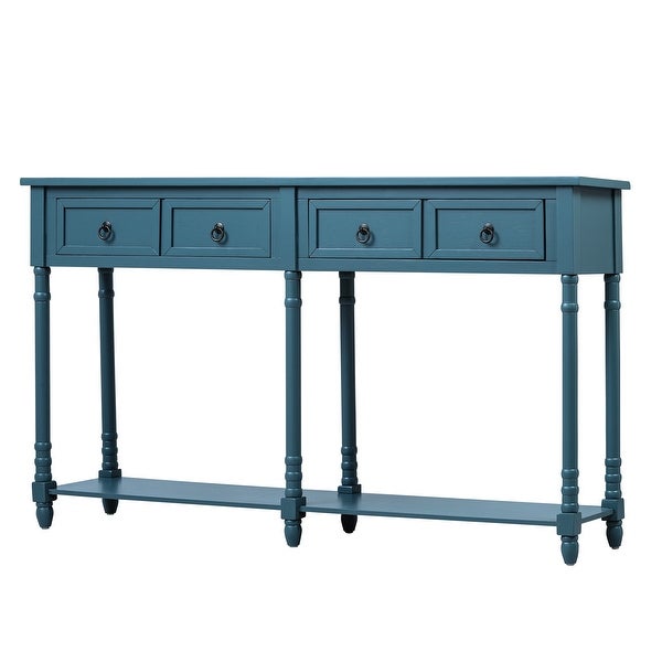 Rustic Wooden Console Table with 2 Storage Drawers and 1 Fixed Lower Shelf， Sofa Table with Round Deco Knobs， Antique Navy