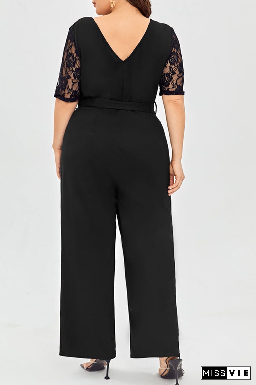 Deep V Neck Lace Sleeve Plus Size Jumpsuit Wholesale