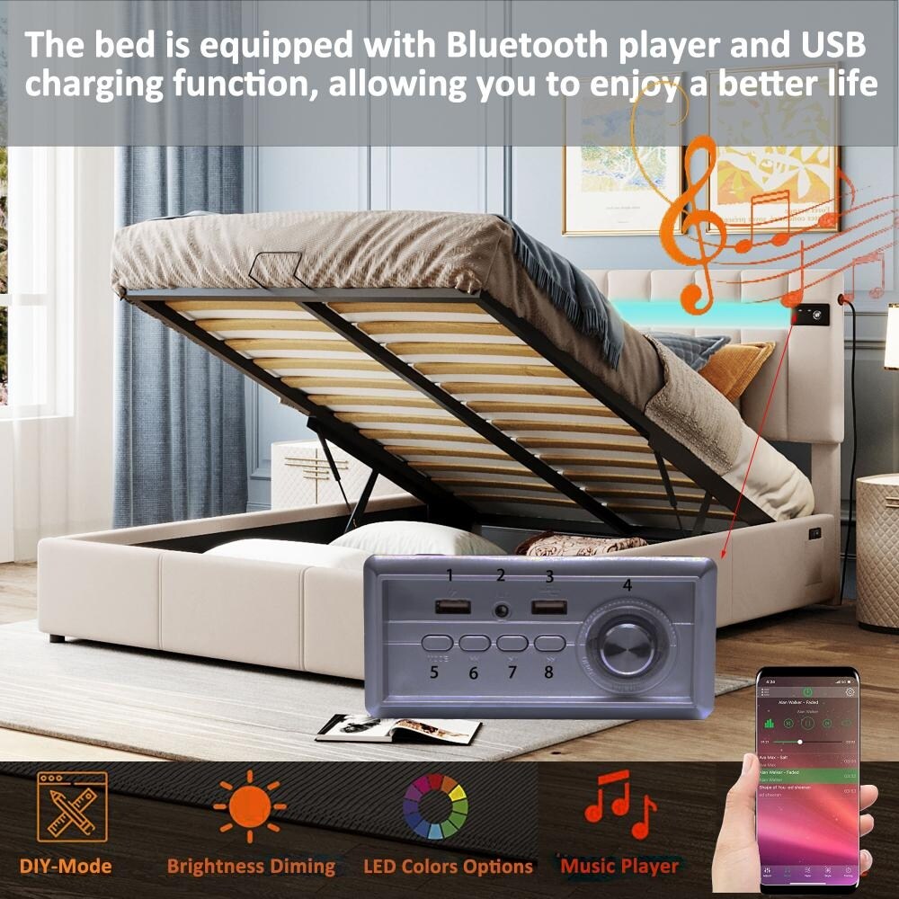 Upholstered Bed Queen Size with LED light  Bluetooth Player and USB Charging  Hydraulic Storage Bed