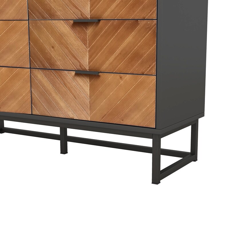 6 Drawers Dresser with Metal Leg and Handle for Bedroom  Storage Cabinet with Brown Wood Finish Drawer  Black+Brown