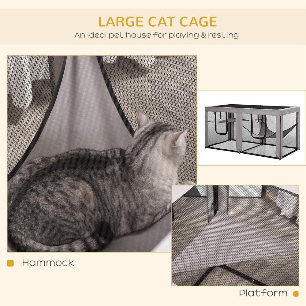 PawHut 76.75 in. L Black & Grey Large Mesh Cat House Kitty Indoor/Outdoor Playpen with 2 Zipper Doors Soft Hammock Pet Bed D32-013