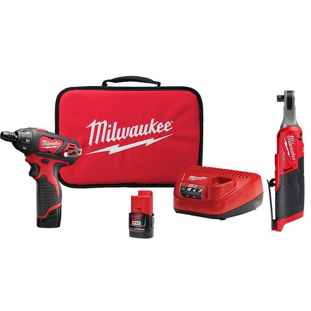 MW M12 FUEL 12V Lithium-Ion Cordless High Speed 38 in. Ratchet and 14 in. Hex Screwdriver Kit (2-Tool) 2567-20-2401-22