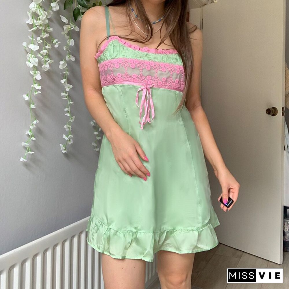 Summer Ruffles Hem Kawaii Slip Dresses For Women Patchwork Lace Cute A Line Satin Dress Mini Fairycore Y2k Outfits