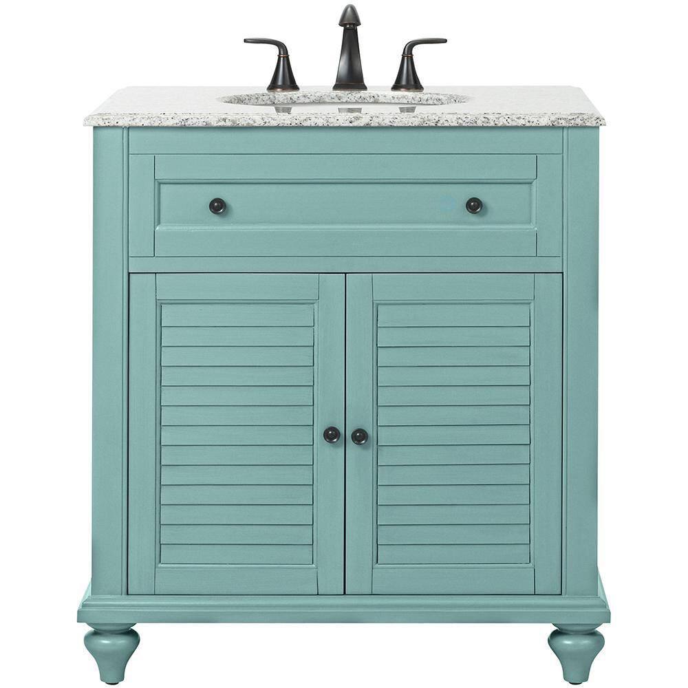 Home Decorators Collection Hamilton Shutter 31 in. W x 22 in. D Bath Vanity in Sea Glass with Granite Vanity Top in Grey with White Sink 10806-VS31H-SG