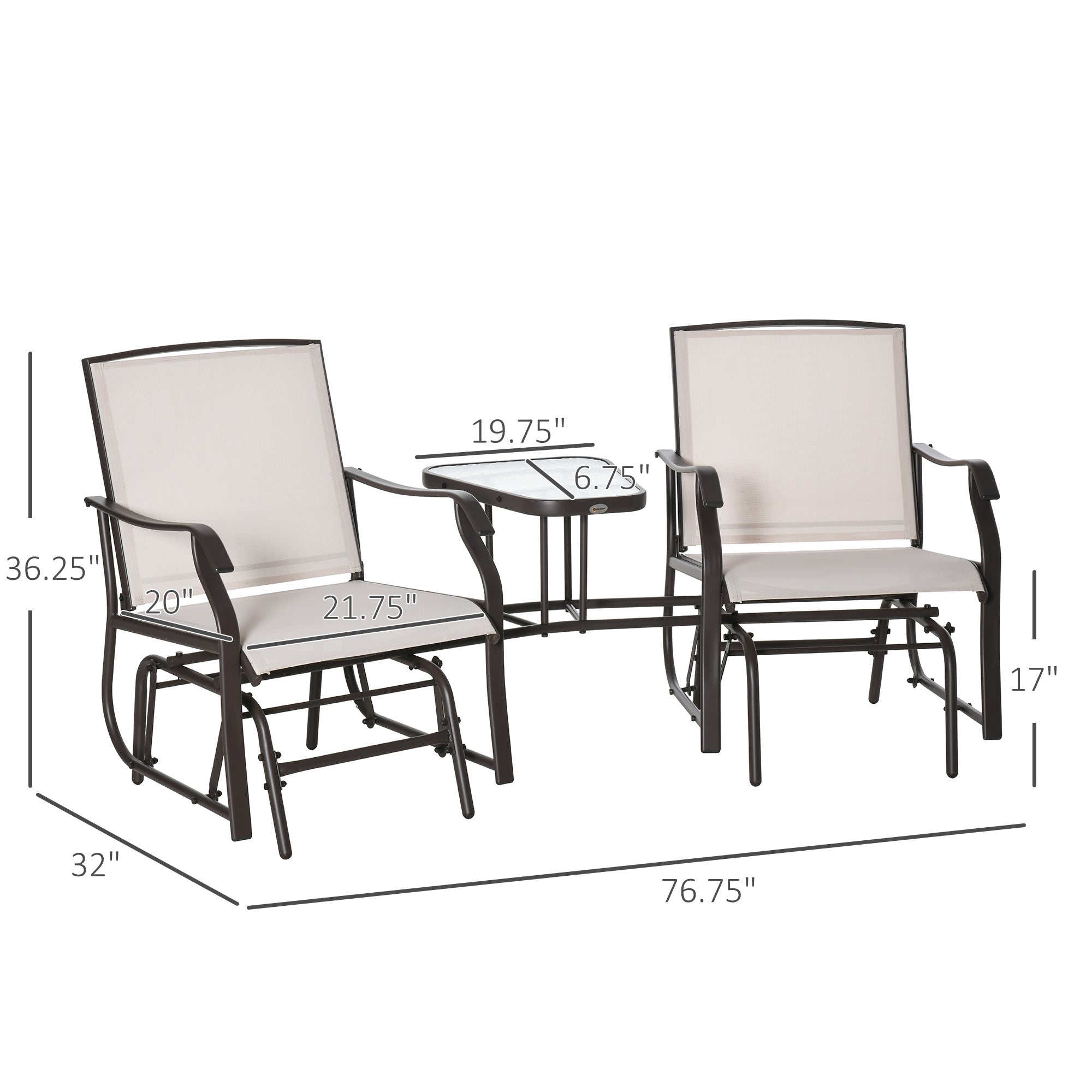 Outsunny Outdoor Glider Chairs with Coffee Table, 2-Seat Rocking Chair Swing Loveseat Sling, Beige