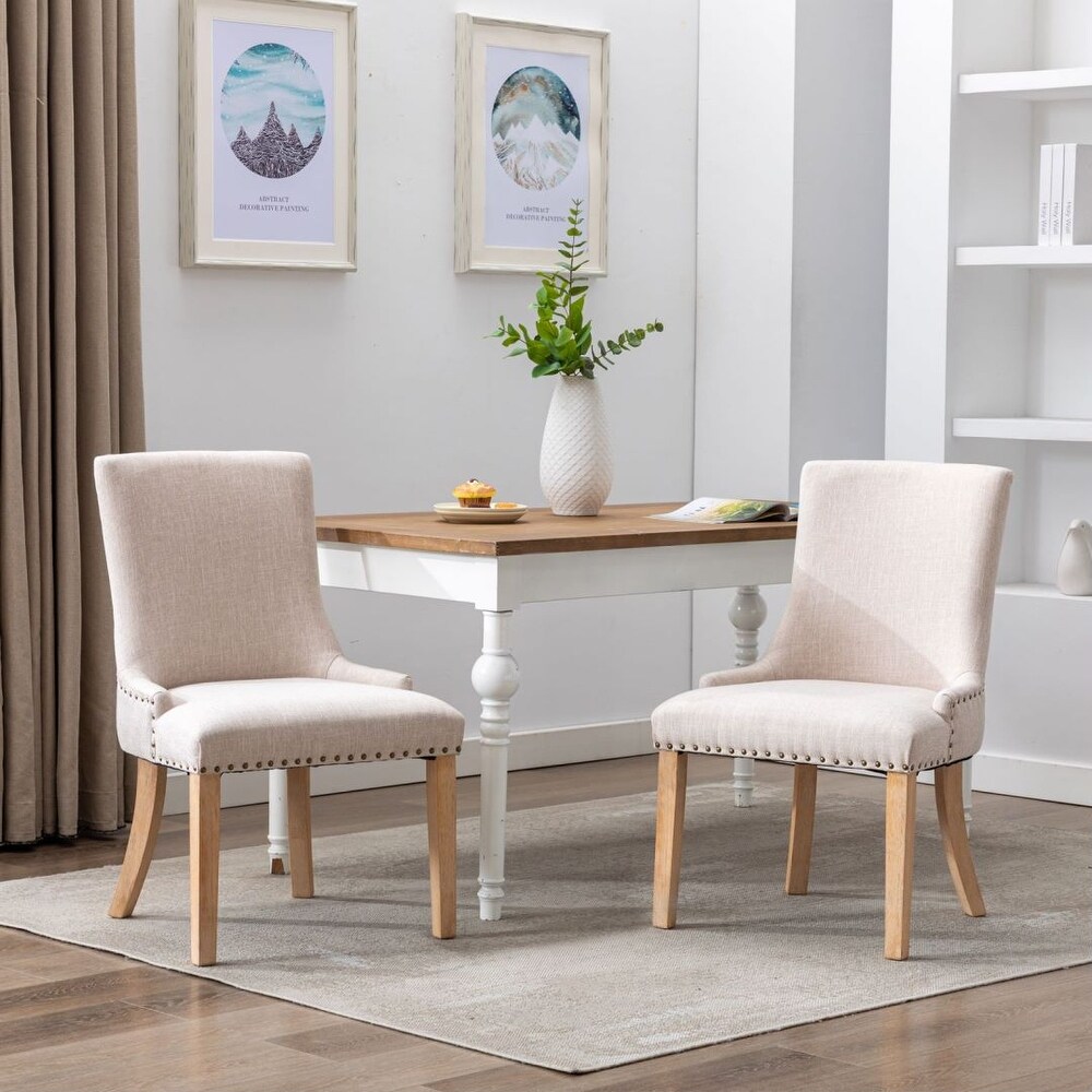 Beige Set of 2 Fabric Dining Chairs Padded Chairs with Rubber Wood Legs