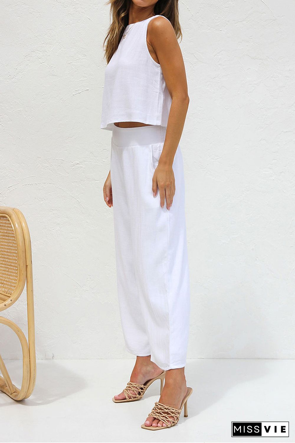 Plain Lien Tank Top With Wide Leg Pants 2pcs Set