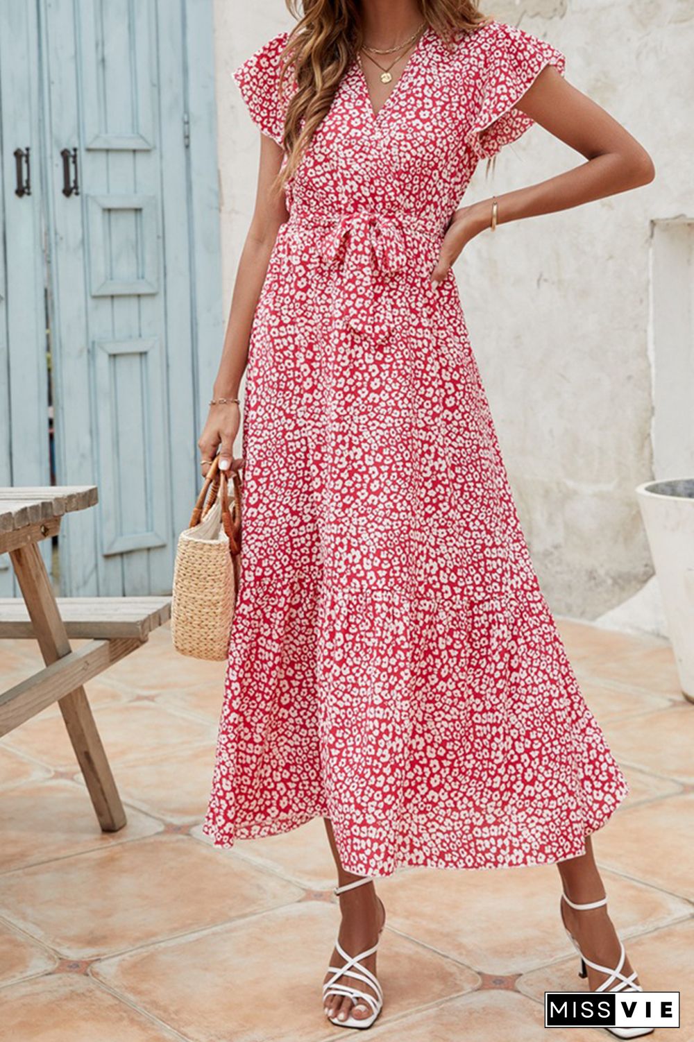 Floral Print Short Sleeve V Neck Long Dress Wholesale