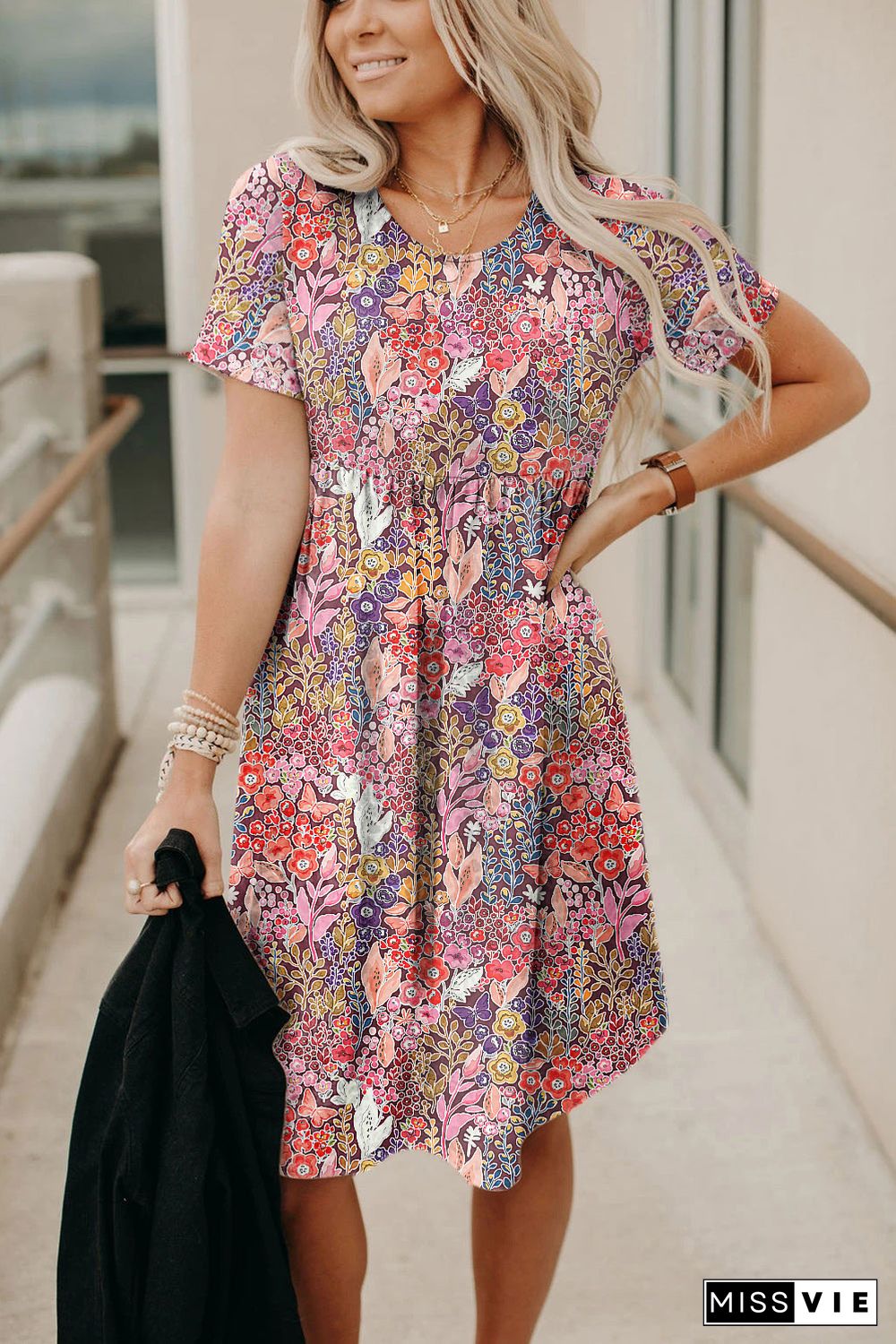 Floral Print Short Sleeve A-line Dress