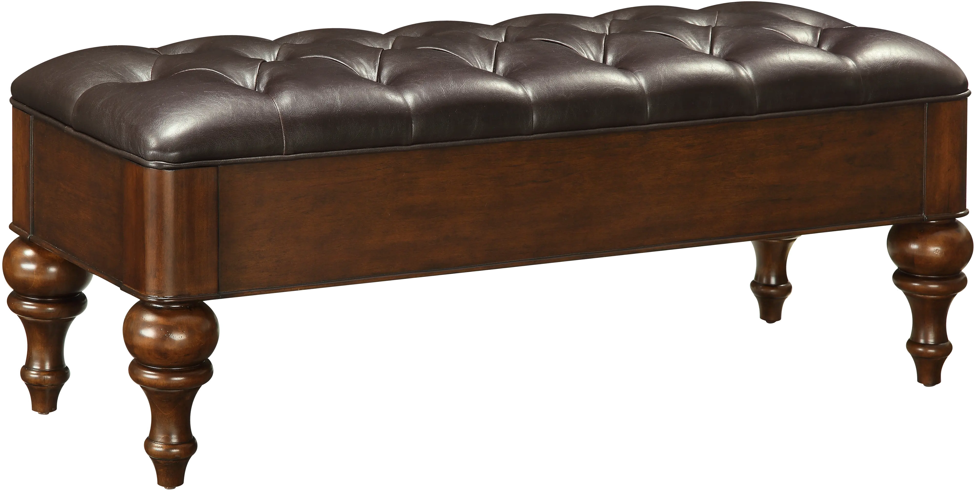 Traditional Brown Storage Bench with Dark Brown Faux Leather Cushion