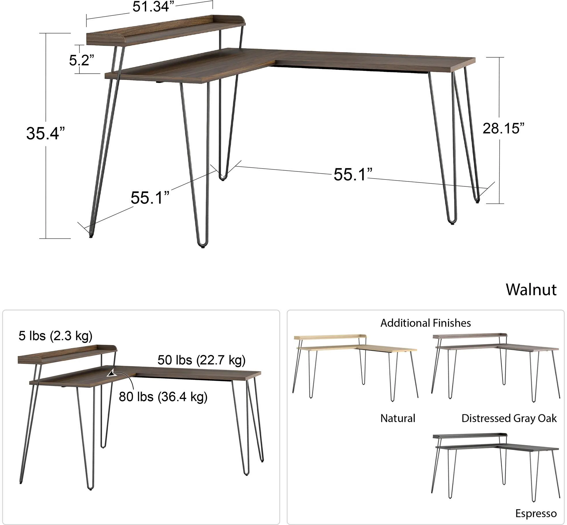 Haven Black Oak L-Shaped Desk with Riser