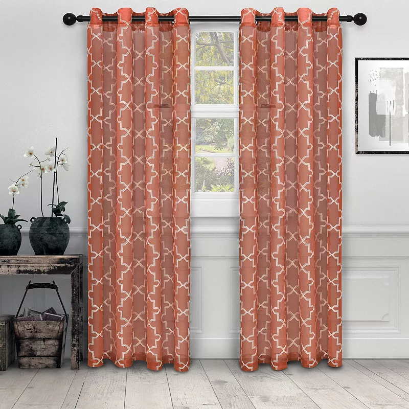 Superior Embroidered Quatrefoil Semi-Sheer Rod Pocket Curtain Set