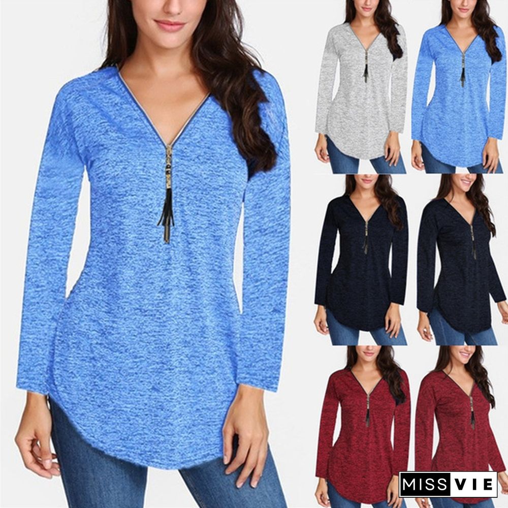 S-5XL Women Autumn Plus size Casual Loose V-neck Zippers Long sleeves Pure color Tops T shirts